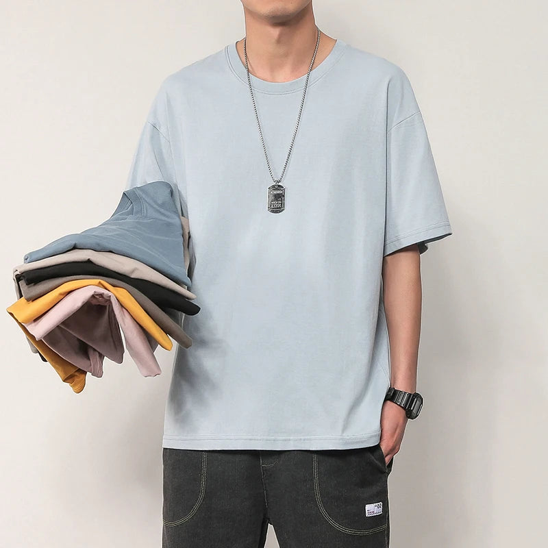 Fashion Men T-Shirts Male Top Tees Oversize Summer Tshirt Casual Drop Shoulder Sleeve Cotton Basic Solid Plain T-Shirt Women 4XL