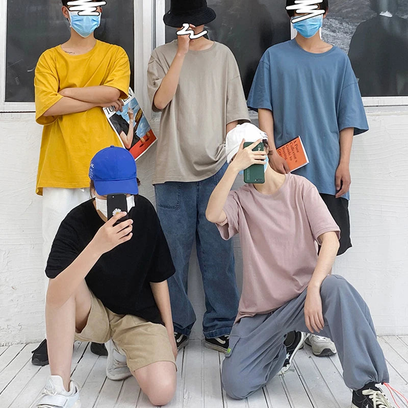 Fashion Men T-Shirts Male Top Tees Oversize Summer Tshirt Casual Drop Shoulder Sleeve Cotton Basic Solid Plain T-Shirt Women 4XL